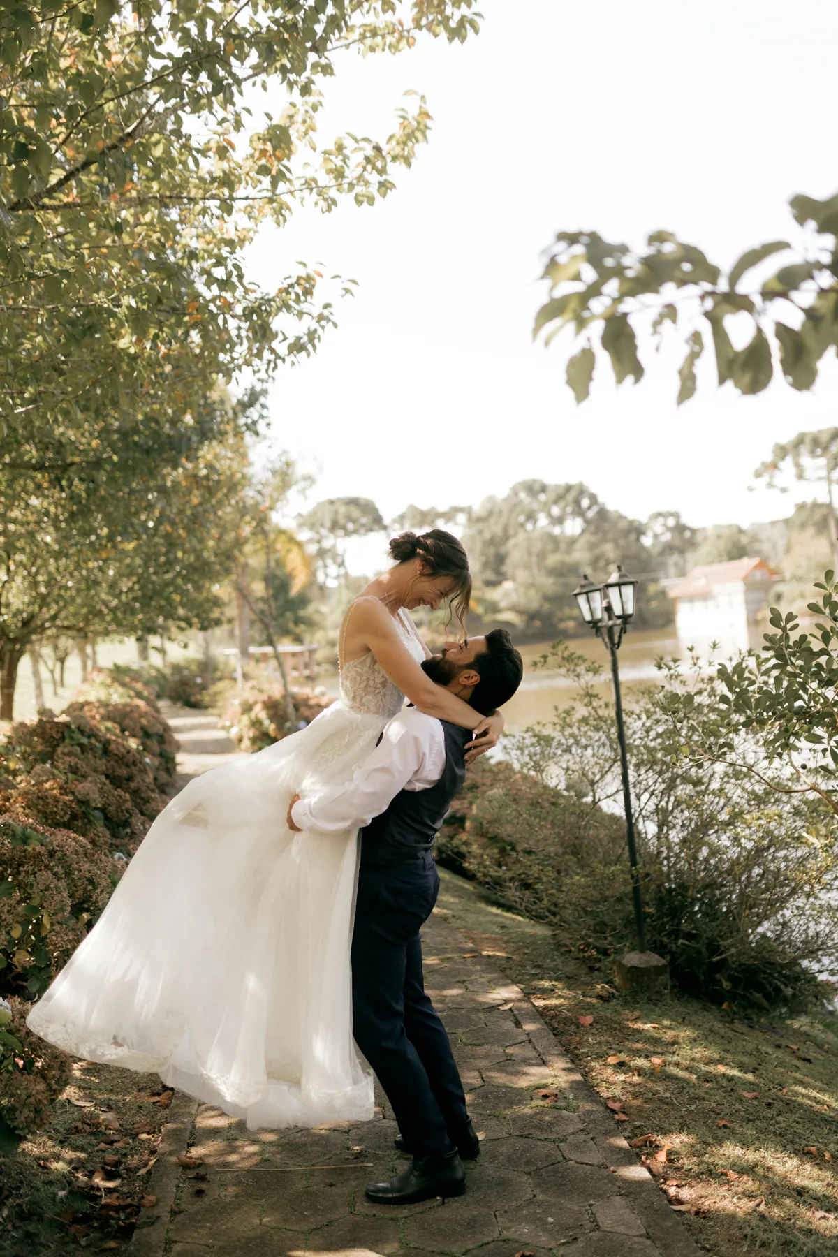 A couple in a garden at golden hour